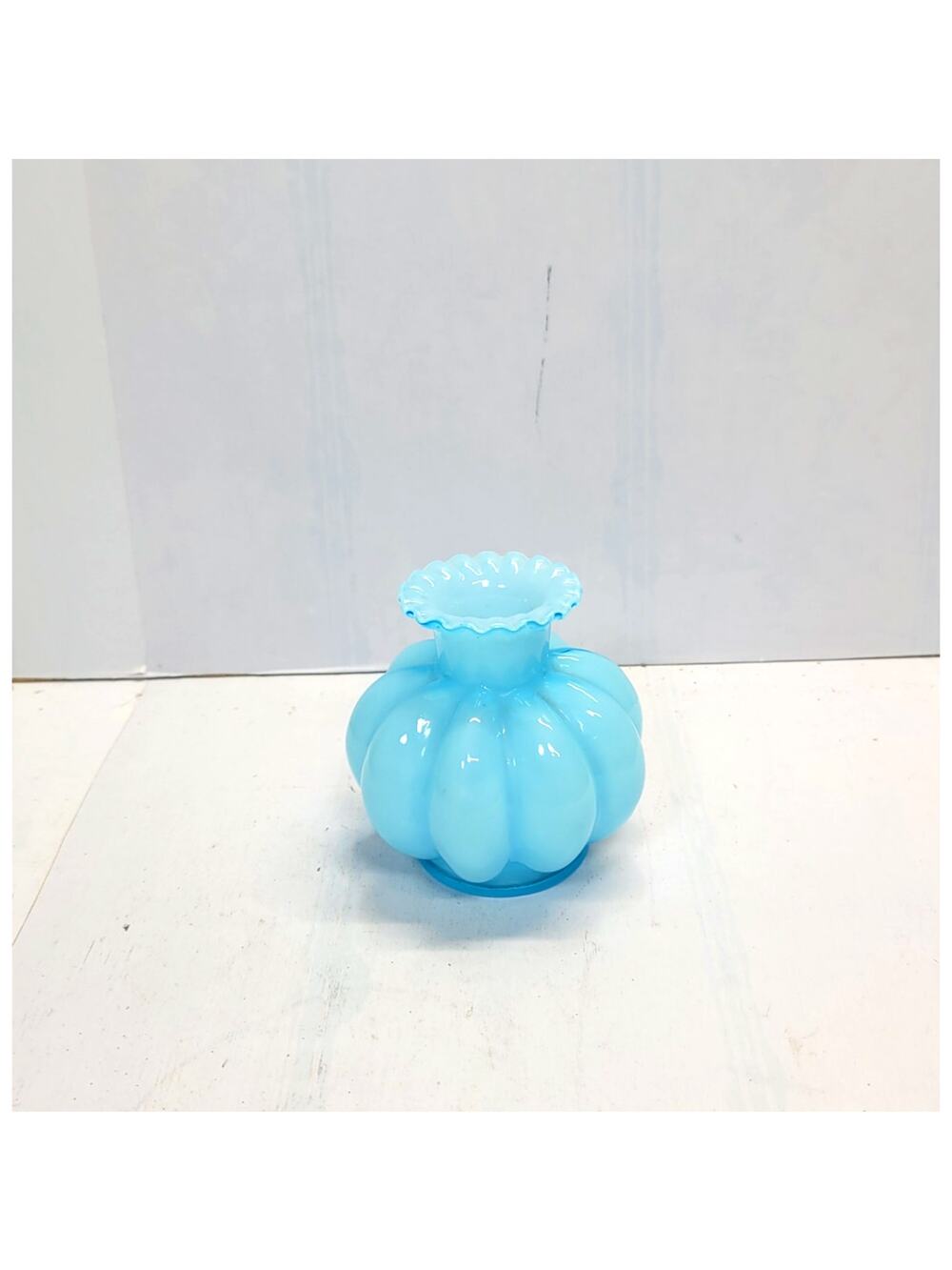 Vintage Fenton Blue Overlay Candle Holder Melon Ribbed